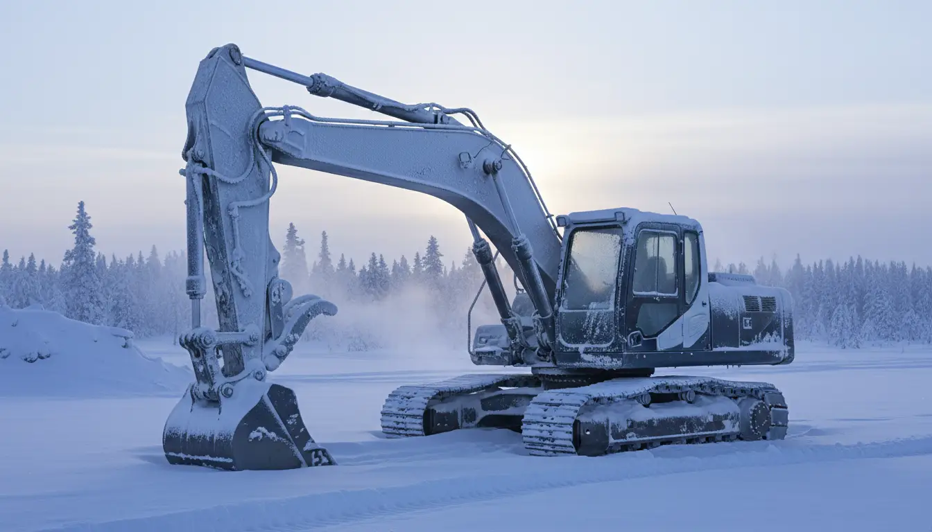Heavy equipment parked in deep snow with frost on the steel