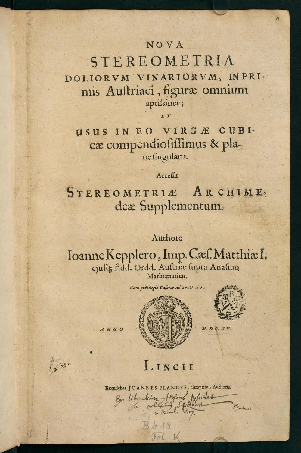 Title page of Johannes Kepler's 1615 book Nova Stereometria Doliorum Vinariorum, printed in Linz
